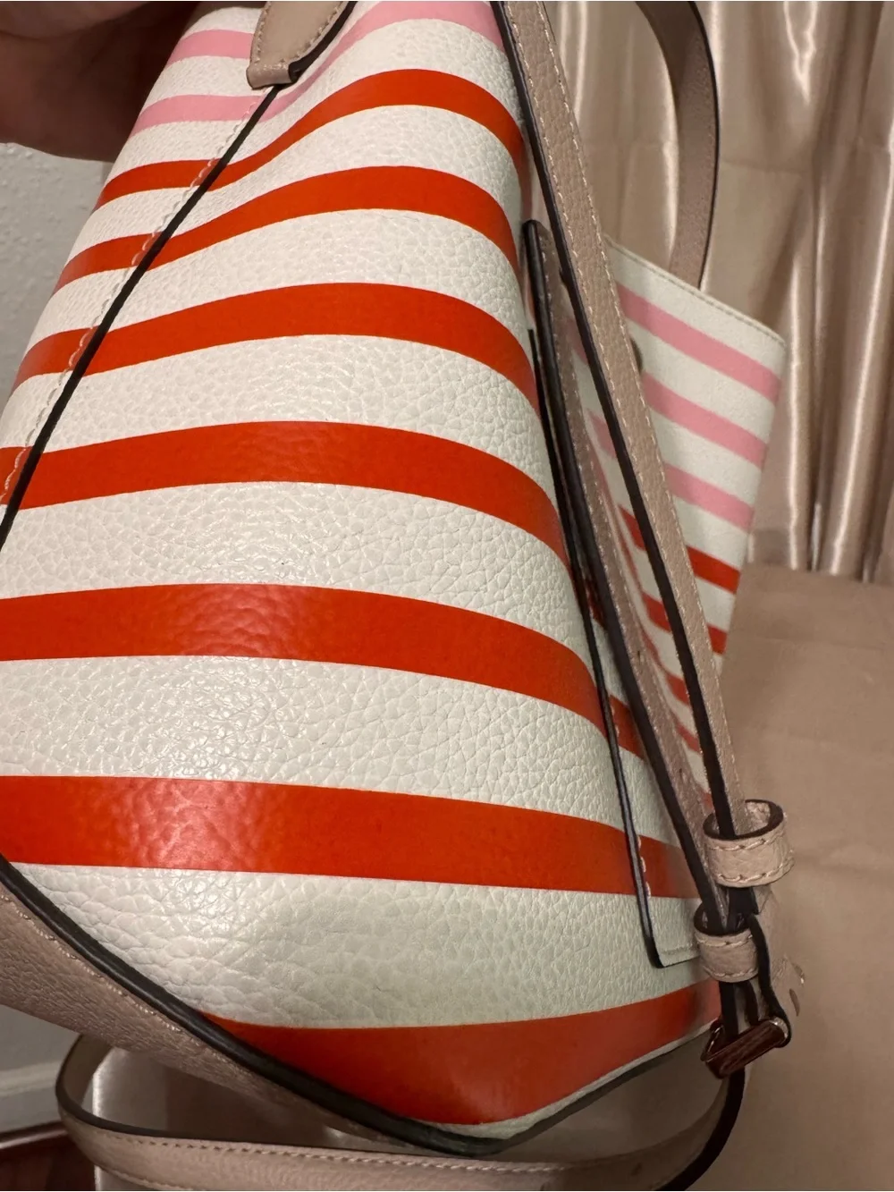 kate spade White, Pink & Red Striped Leather Drawstring Bucket Bag